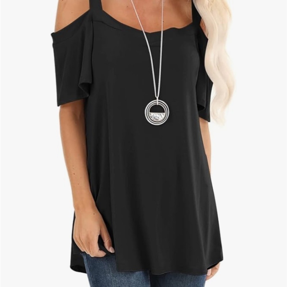 Black Cold Shoulder V-Neck Cotton Blend Tunic Top Large